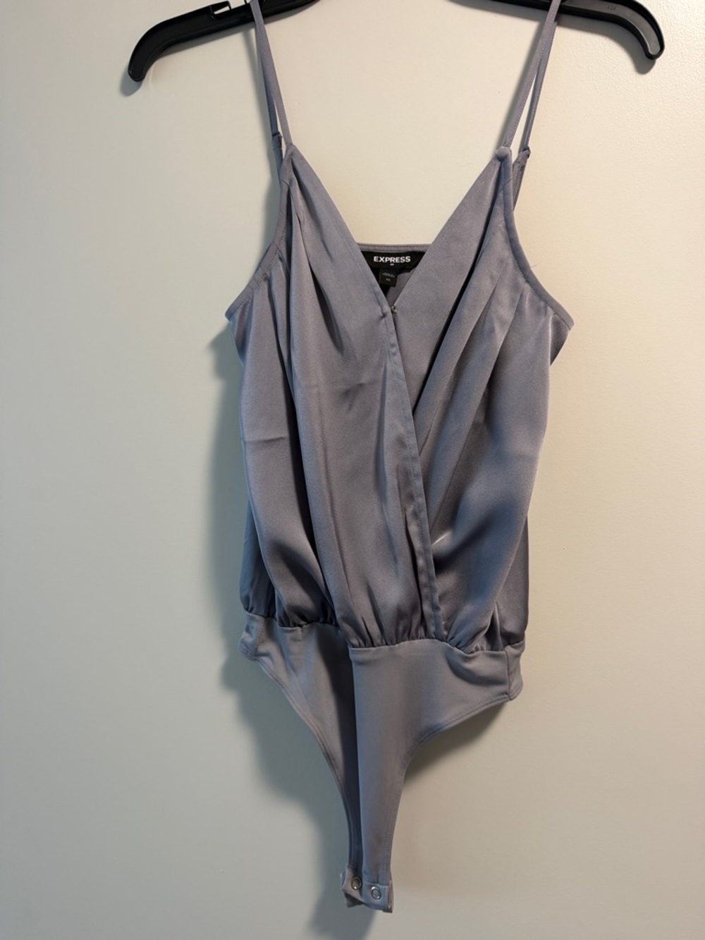 Express Satin Wrap-Front Bodysuit in Slate Gray